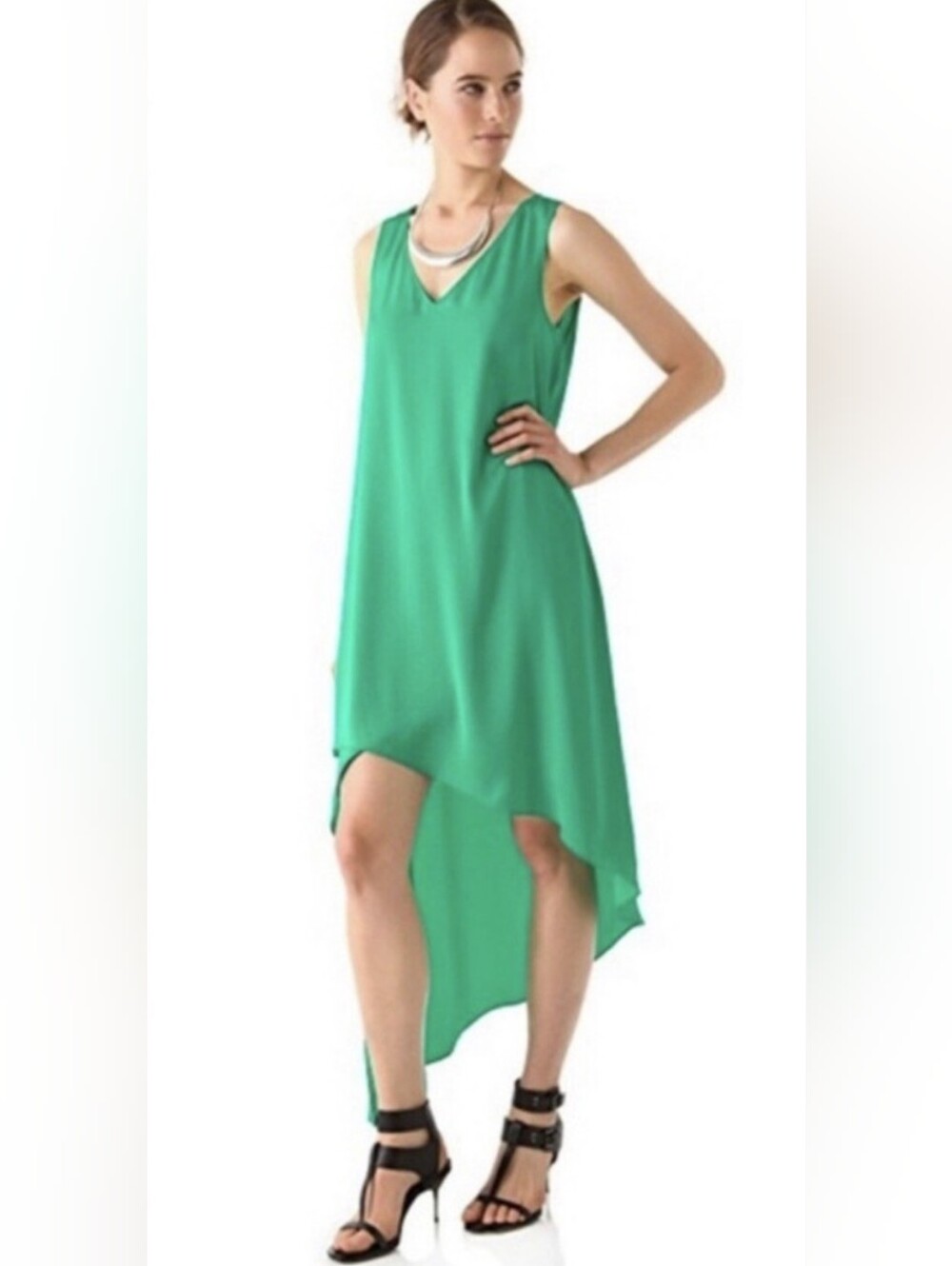 BCBG MAXAZRIA Women's Emerald Satin Avery Asymmetrical Hi-Low Midi Dress Sz S